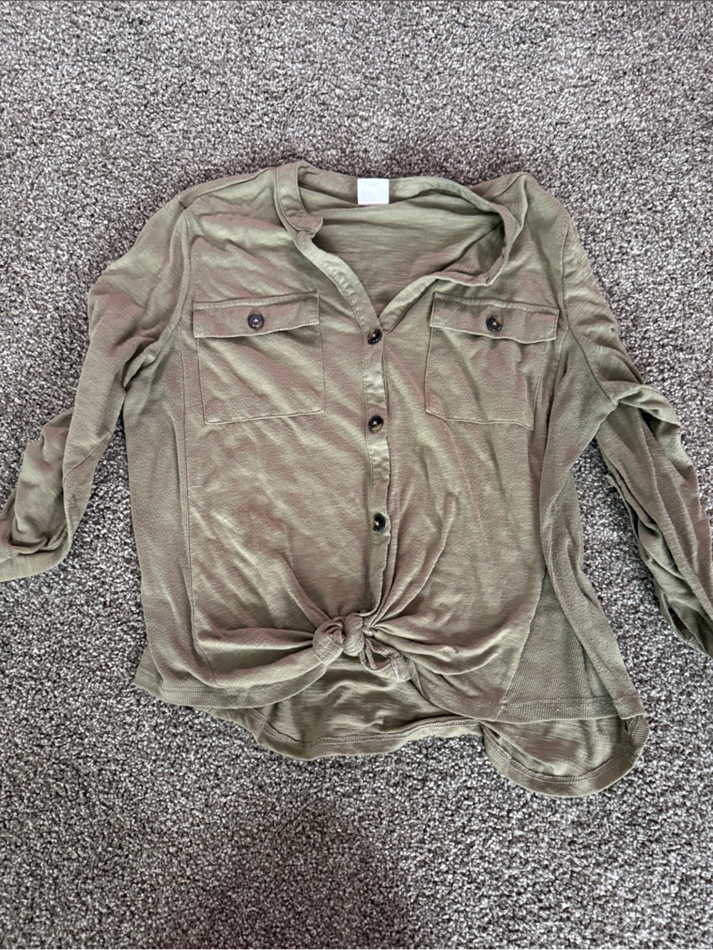 No Boundaries Olive Green Button-Front Tie Hem Shirt